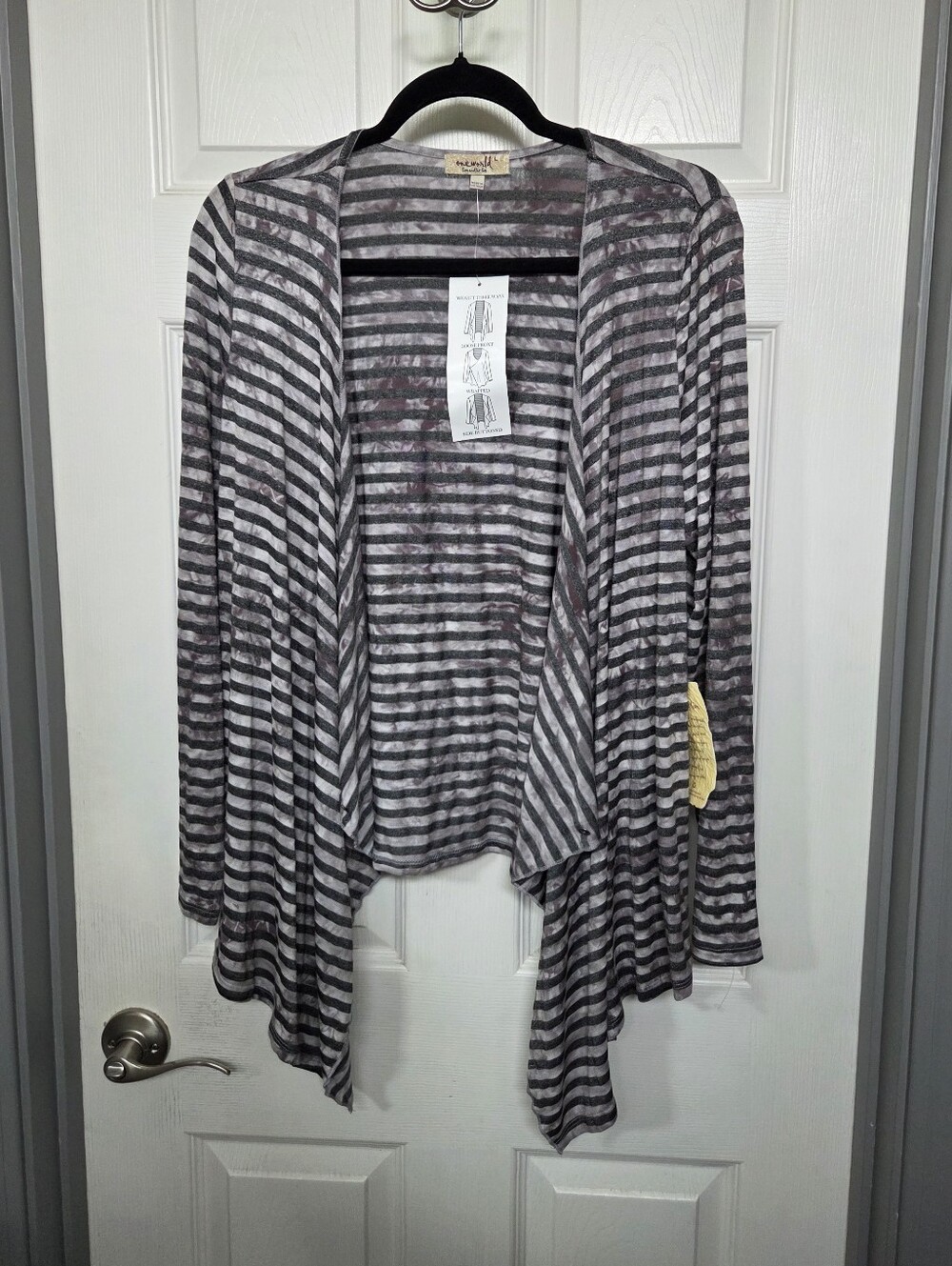 One World 3 Way Neutral Stripe Open-Front Women's Cardigan Sweater Boho Whimsy L